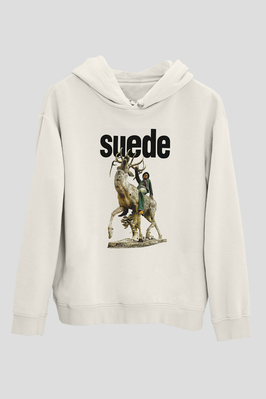 Suede Baskılı Beyaz Unisex Kapüşonlu Sweatshirt