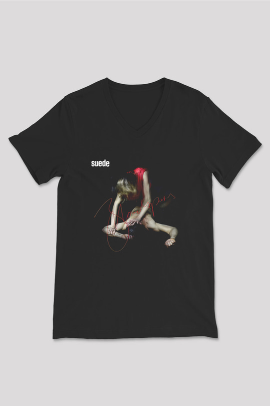 Suede Baskılı Unisex Siyah V Yaka Tişört - Tshirt