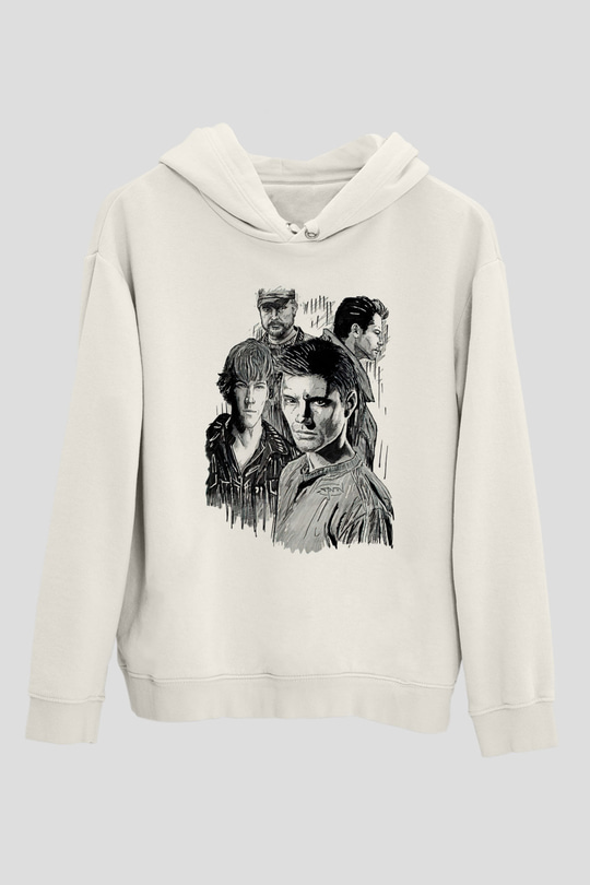 Supernatural Baskılı Beyaz Unisex Hoodie