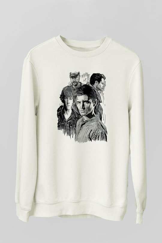 Supernatural Baskılı Beyaz Unisex Sweatshirt