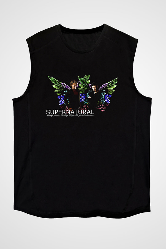 Supernatural Baskılı Unisex Siyah Kolsuz Tişört - Tshirt