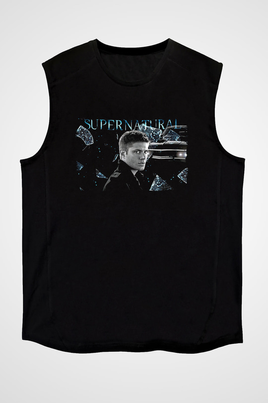 Supernatural Baskılı Unisex Siyah Kolsuz Tişört - Tshirt