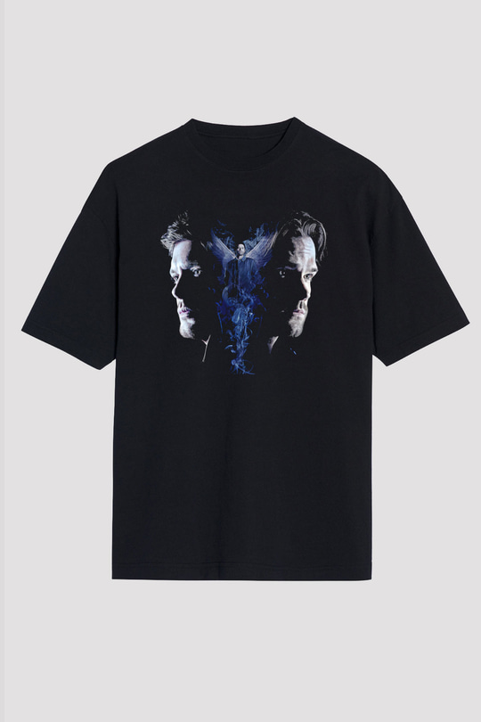 Supernatural Baskılı Unisex Siyah Oversize Tişört - Tshirt