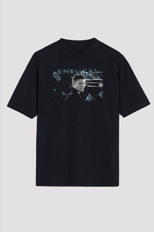 Supernatural Baskılı Unisex Siyah Oversize Tişört - Tshirt