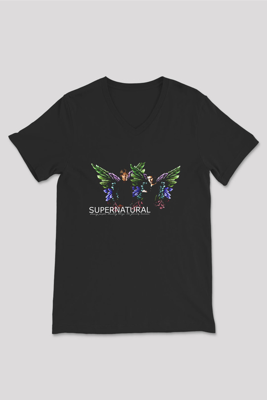 Supernatural Baskılı Unisex Siyah V Yaka Tişört - Tshirt
