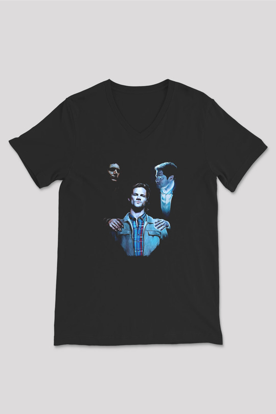 Supernatural Baskılı Unisex Siyah V Yaka Tişört - Tshirt