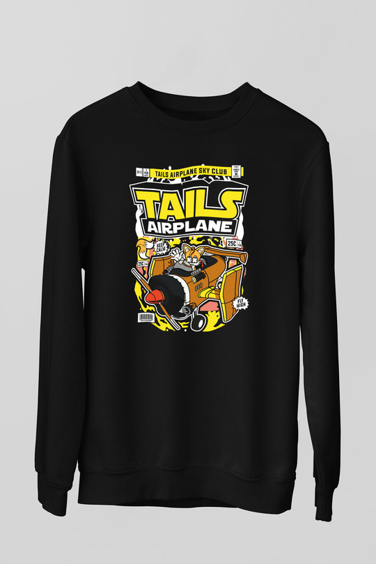 Tails Airplane Baskılı Unisex Siyah Sweatshirt