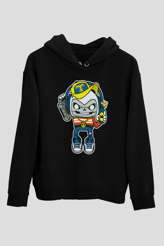 Task Master Skull Boombox Baskılı Unisex Siyah Hoodie