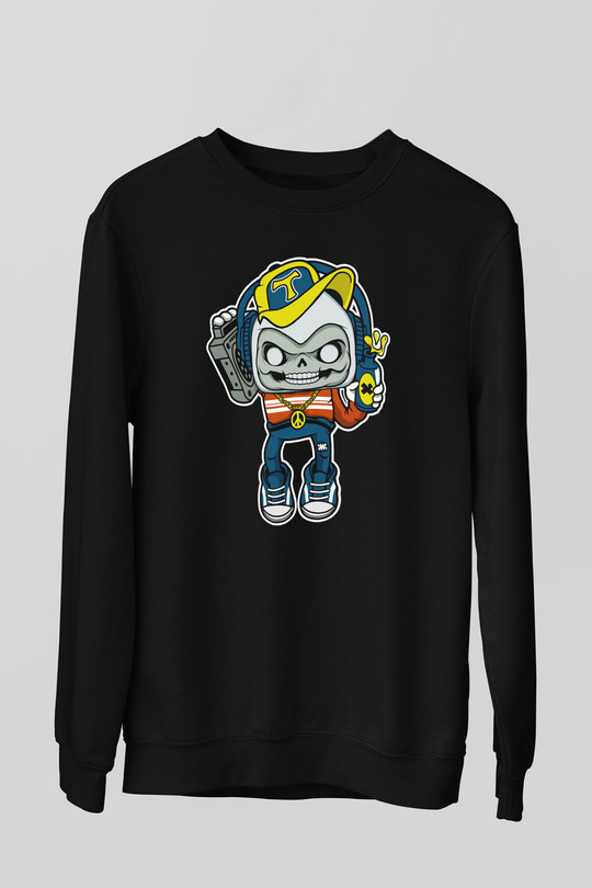 Task Master Skull Boombox Baskılı Unisex Siyah Sweatshirt