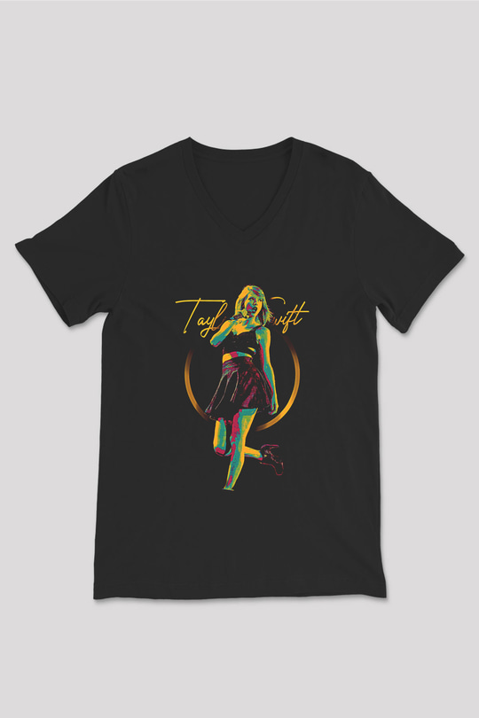 Taylor Swift Baskılı Baskılı Unisex Siyah V Yaka Tişört - Tshirt