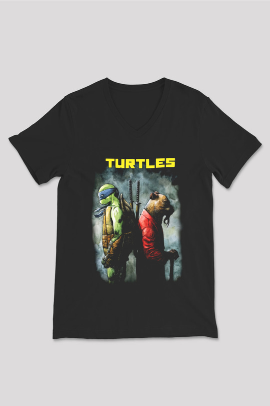 Teenage Mutant Ninja Turtles Ninja Kaplumbağalar Siyah Unisex V Yaka Tişört