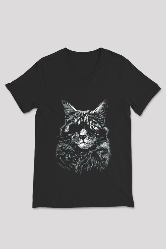 Tek Gözlü Kedi Baskılı Unisex Siyah  V Yaka Tişört