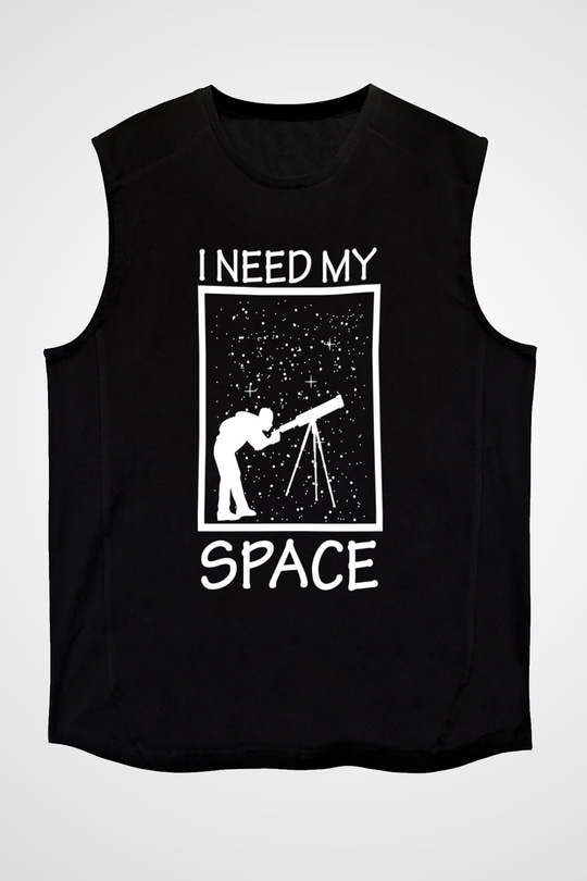 Teleskop Astronomi Baskılı Unisex Kolsuz Siyah Tişört - Tshirt