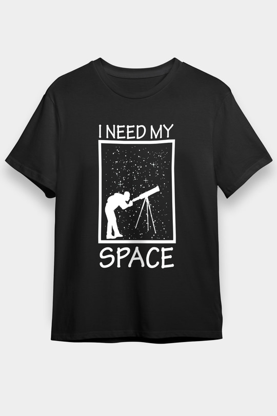 Teleskop Astronomi Baskılı Unisex Siyah Tişört - Tshirt