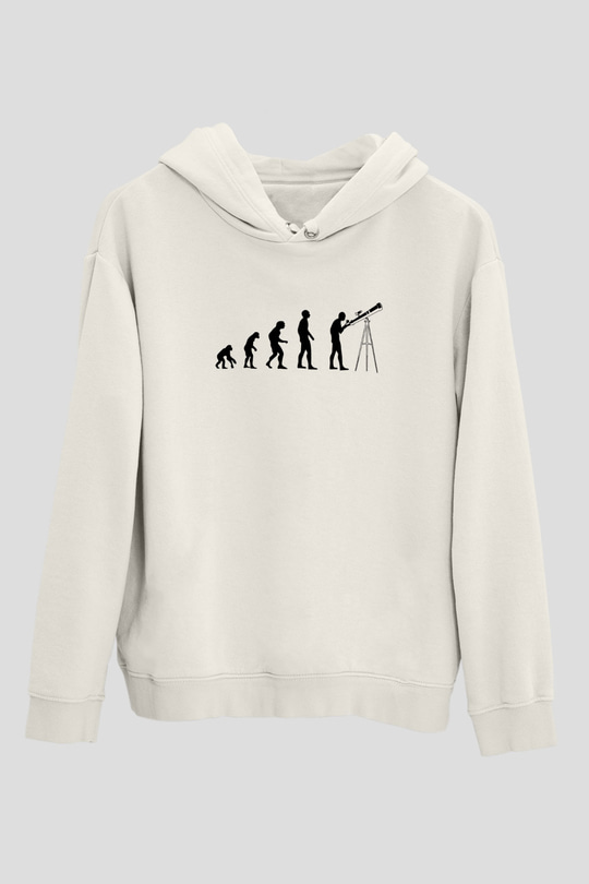 Teleskop Evrim Baskılı Unisex Ekru Hoodie
