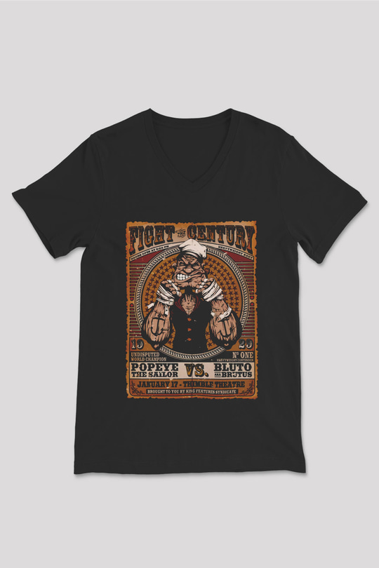 Temel Reis Popeye Baskılı Unisex Siyah  V Yaka Tişört
