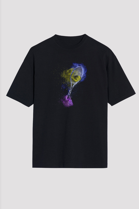 Tenis - Tennis Baskılı Unisex Siyah Oversize Tişört