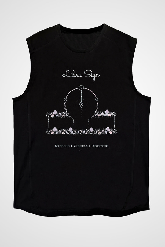 Terazi Burcu Baskılı Unisex Siyah Kolsuz Tişört - Tshirt