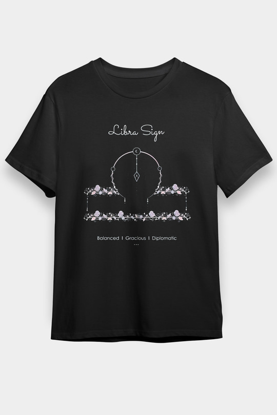 Terazi Burcu Baskılı Unisex Siyah Tişört - Tshirt