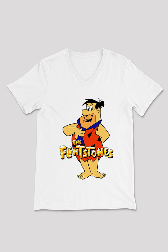 The Flintstones Taş Devri Beyaz Unisex  V Yaka Tişört