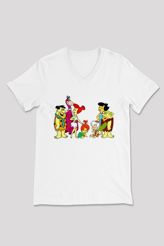 The Flintstones Taş Devri Beyaz Unisex  V Yaka Tişört