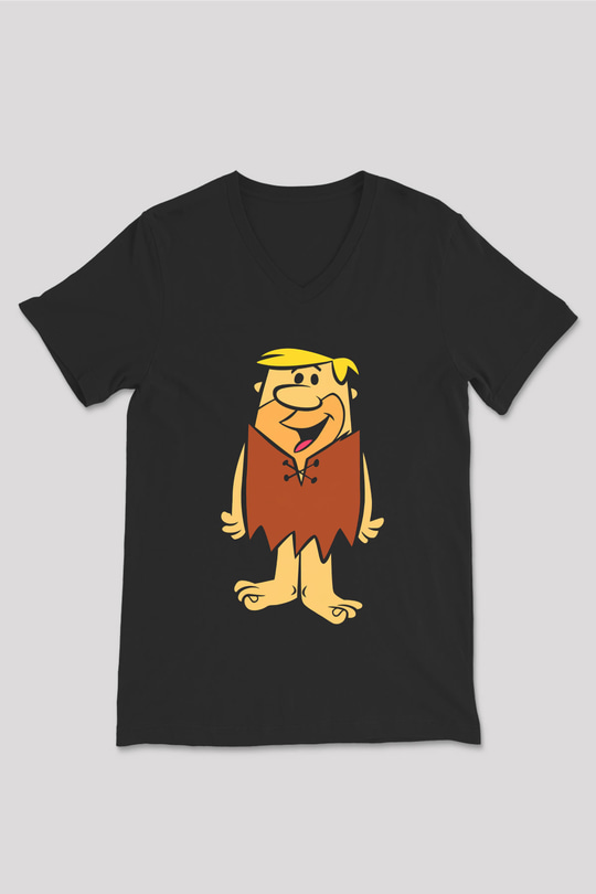 The Flintstones Taş Devri Siyah Unisex V Yaka Tişört
