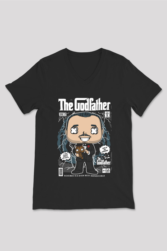 The Godfather Baskılı Unisex Siyah V Yaka Tişört