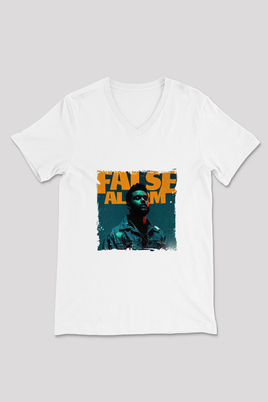 The Weeknd Baskılı Beyaz V Yaka Unisex Tişört