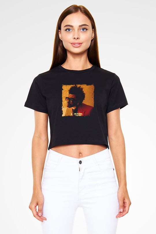 The Weeknd Baskılı Crop Top Siyah Kadın Tişört