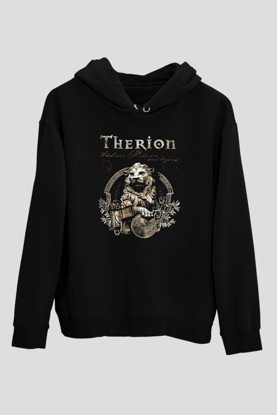Therion Baskılı Unisex Siyah Kapüşonlu Sweatshirt
