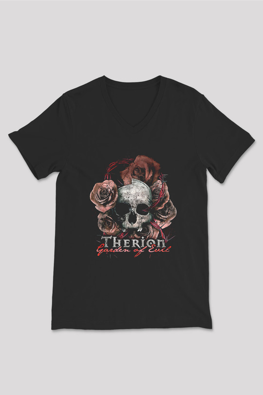 Therion Baskılı Unisex Siyah V Yaka Tişört - Tshirt