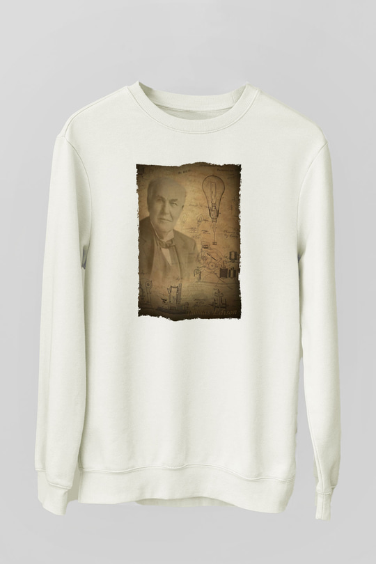 Thomas Edison Baskılı Unisex Ekru Sweatshirt