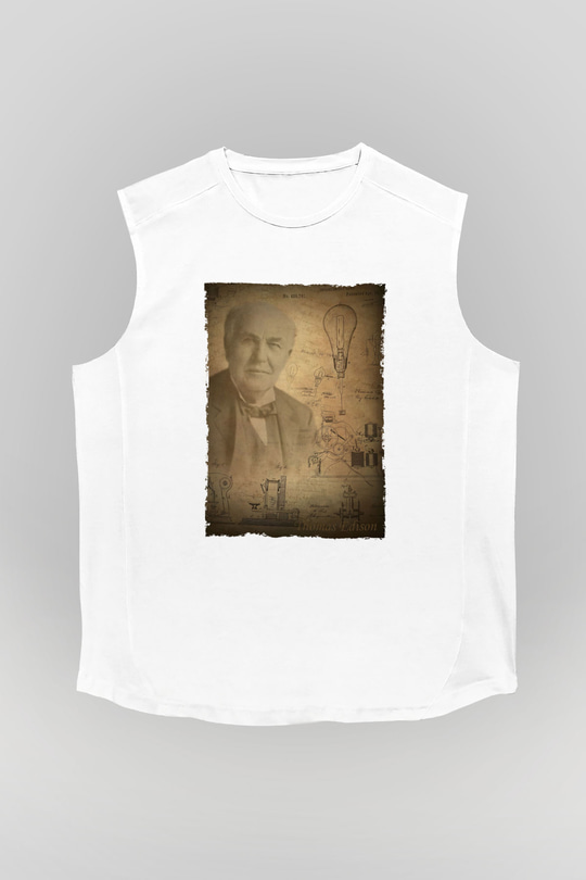 Thomas Edison Baskılı Unisex Kolsuz Beyaz Tişört - Tshirt