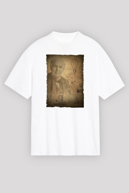 Thomas Edison Baskılı Unisex Oversize Beyaz Tişört - Tshirt