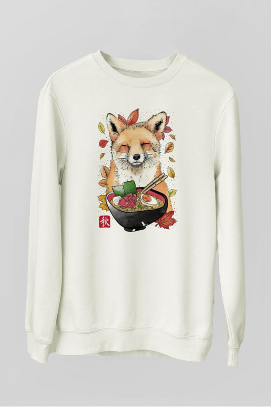 Tilki Baskılı Unisex Beyaz  Sweatshirt