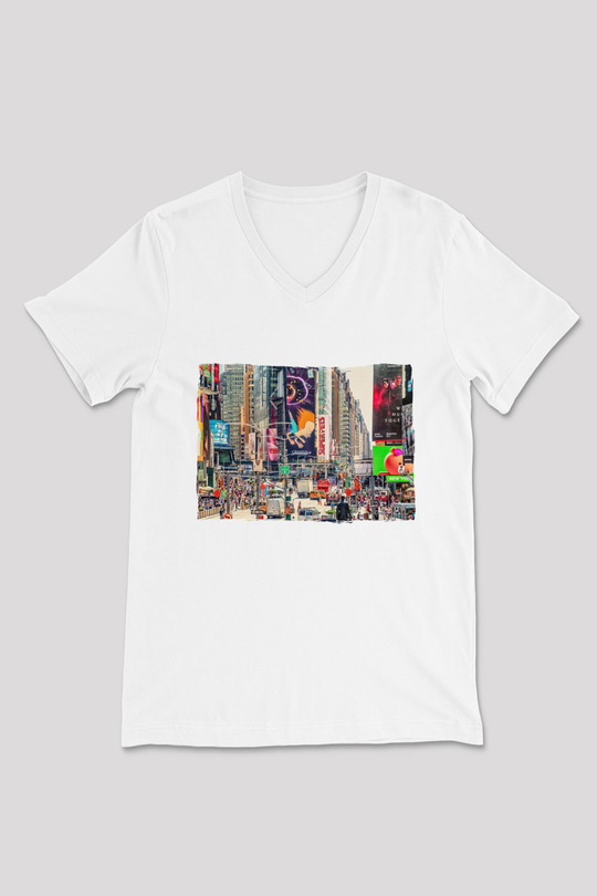 Times Square Beyaz Unisex V Yaka Tişört