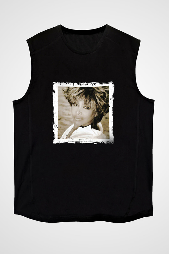 Tine Turner Baskılı Unisex Siyah Kolsuz Tişört