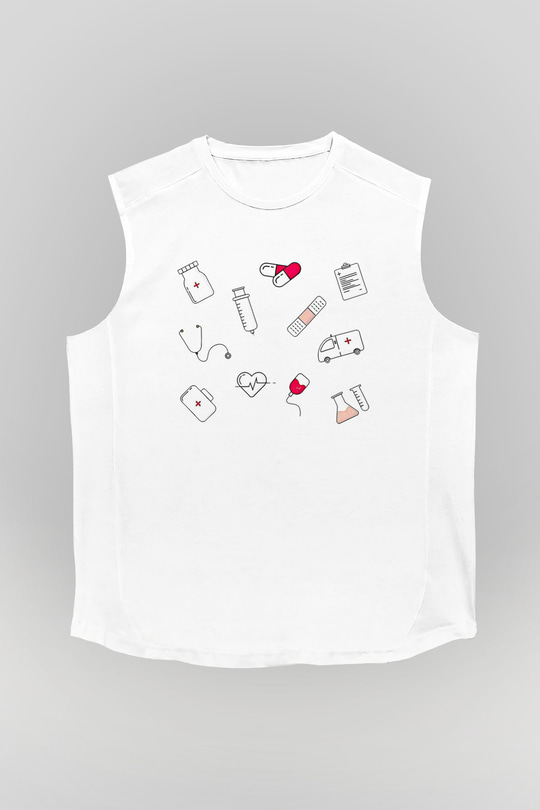 Tıp Bayramı Baskılı Beyaz Unisex Kolsuz Tişört - Tshirt