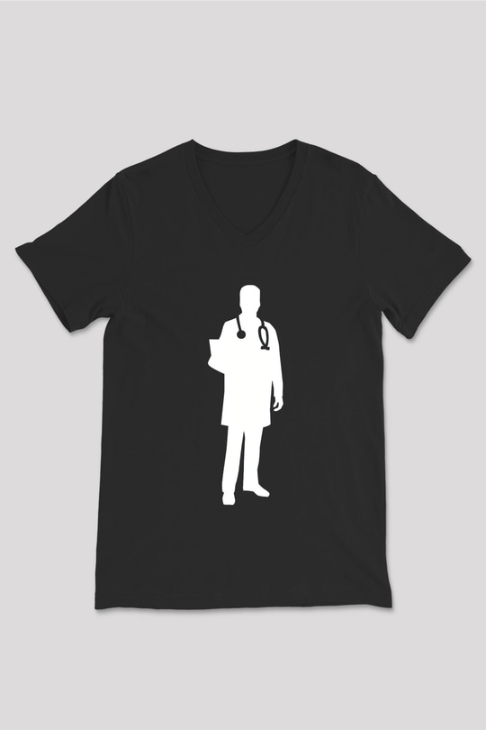 Tıp Bayramı Baskılı Unisex Siyah V Yaka Tişört - Tshirt