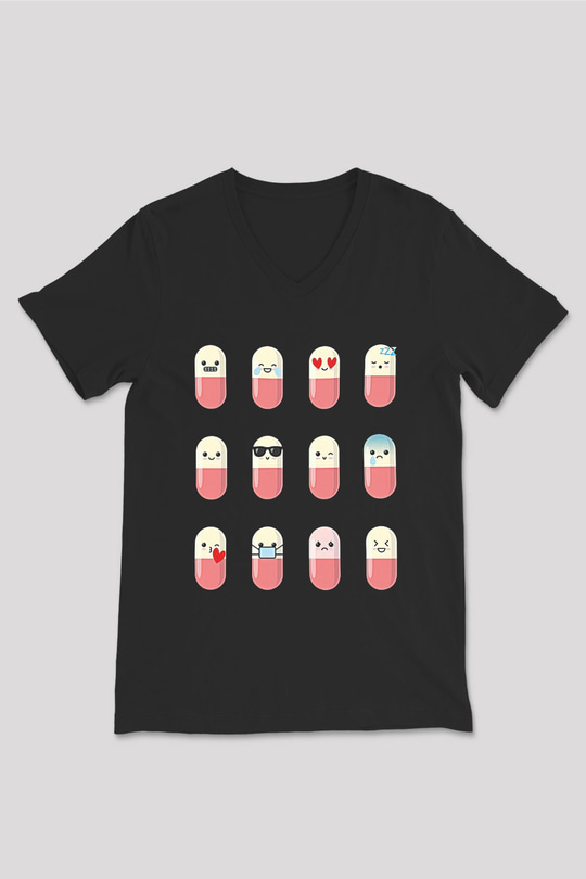 Tıp Bayramı Baskılı Unisex Siyah V Yaka Tişört - Tshirt