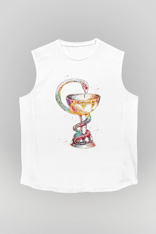 Tıp Sembolü Yılan Baskılı Unisex Kolsuz Beyaz Tişört - Tshirt