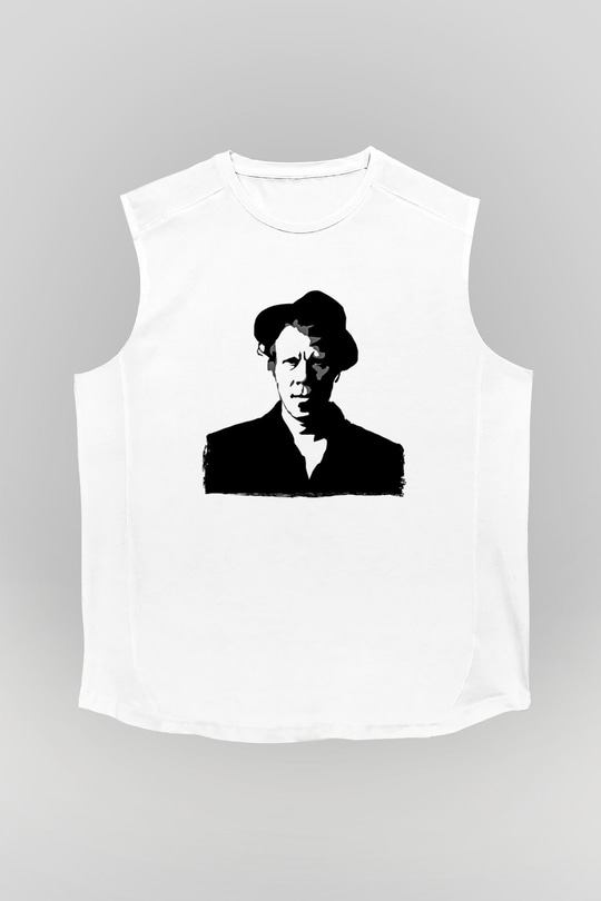 Tom Waits Baskılı Beyaz Unisex Kolsuz Tişört - Tshirt