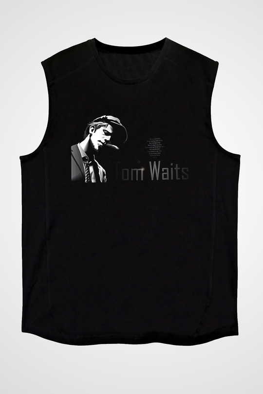 Tom Waits Baskılı Unisex Siyah Kolsuz Tişört - Tshirt