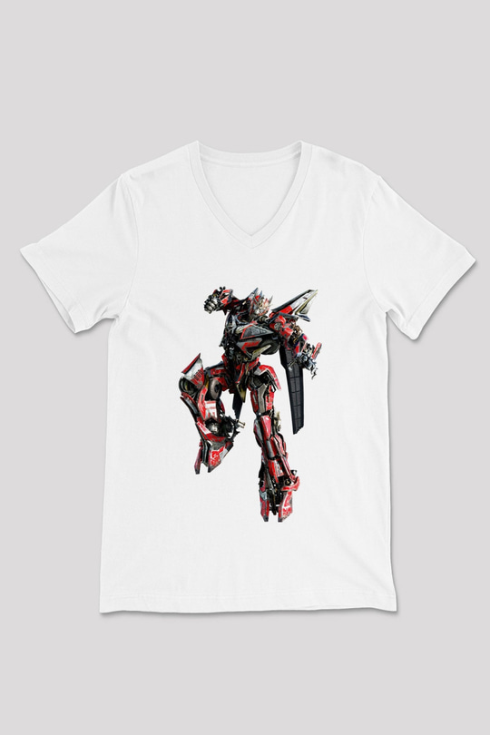 Transformers Beyaz Unisex V Yaka Tişört