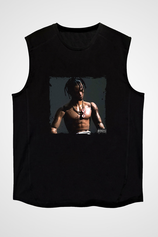 Travis Scott Baskılı Unisex Siyah Kolsuz Tişört