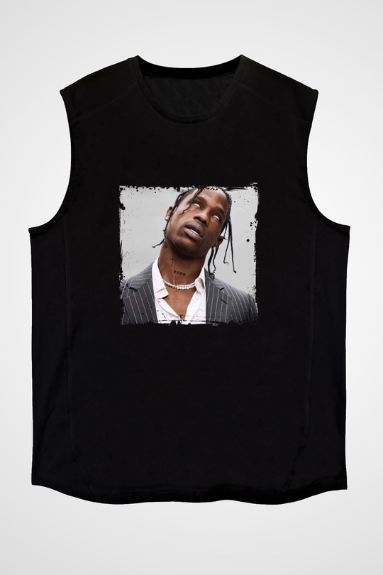 Travis Scott Baskılı Unisex Siyah Kolsuz Tişört