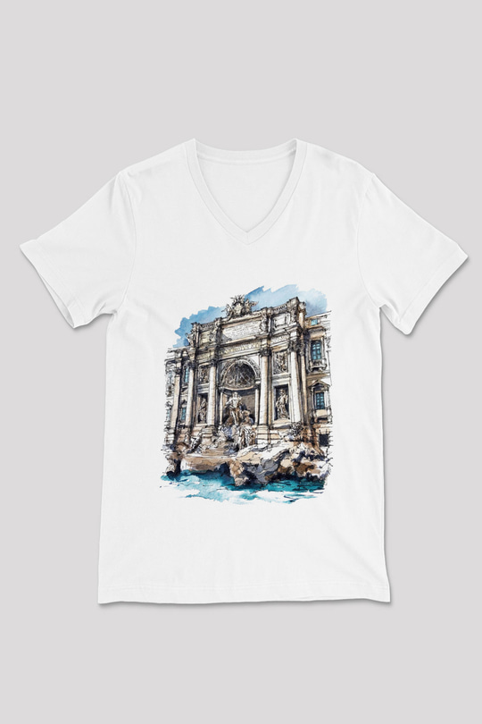 Trevi Çeşmesi Beyaz Unisex V Yaka Tişört T-Shirt