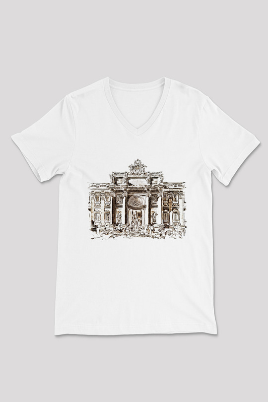 Trevi Çeşmesi Beyaz Unisex V Yaka Tişört T-Shirt