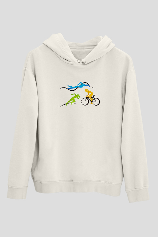 Triathlon Baskılı Unisex Ekru Hoodie