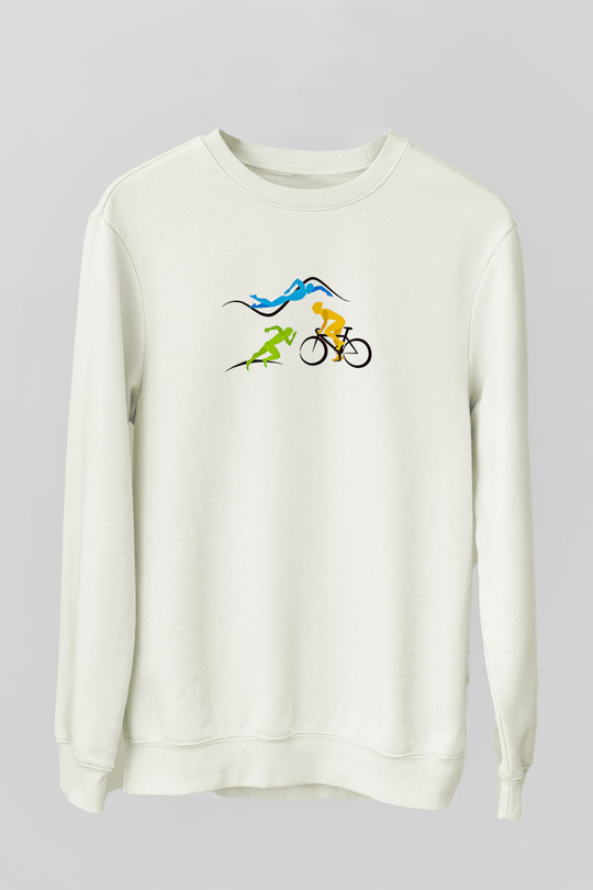 Triathlon Baskılı Unisex Ekru Sweatshirt